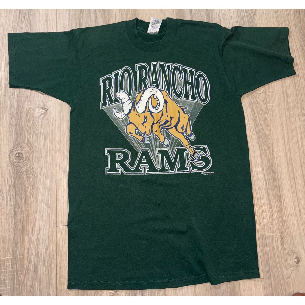 Vintage Fruit of the Loom Rio Rancho Rams Graphic T-Shirt Green Mens L